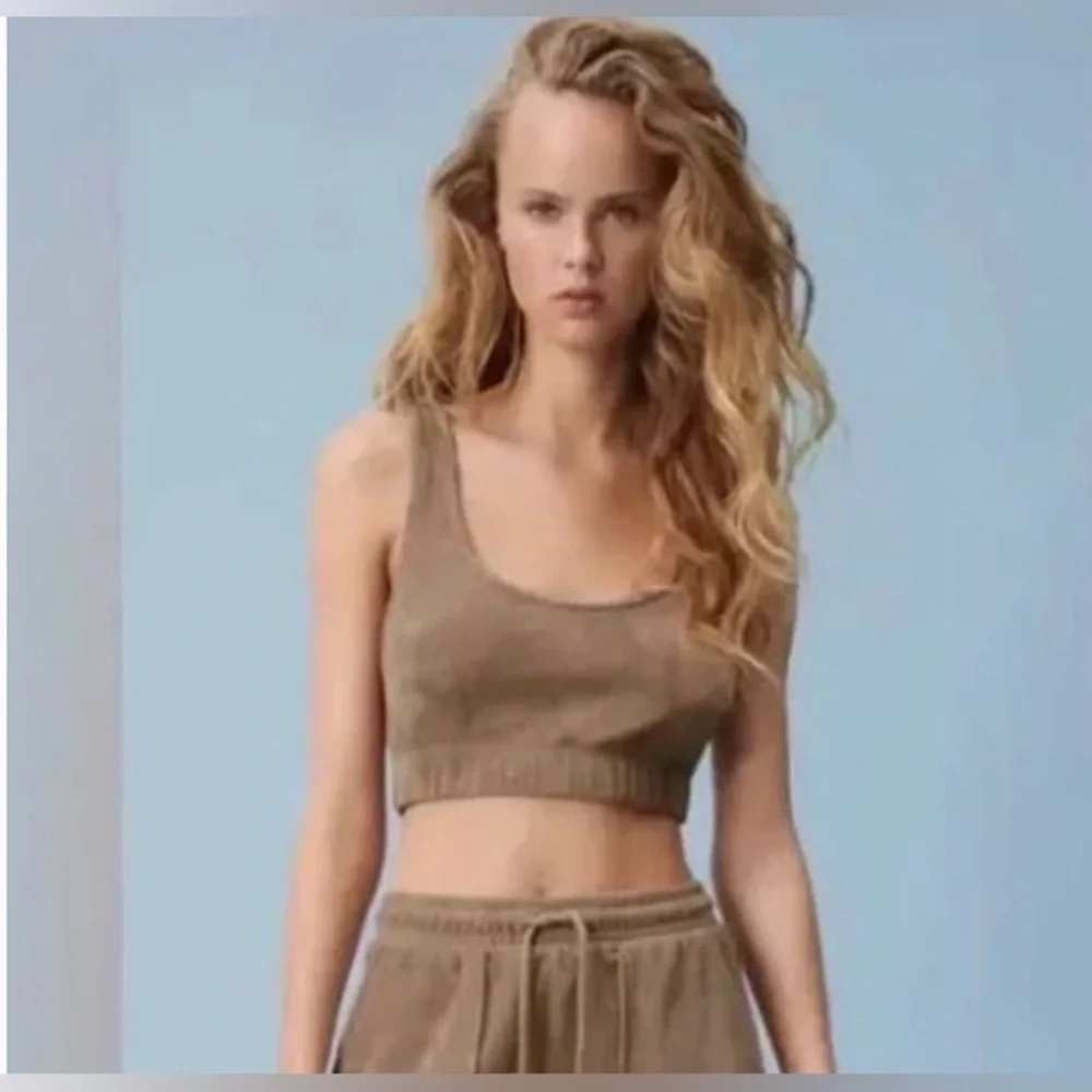Zara Womens Terry Cloth Crop Top Tan Brown Scoop Neck Cotton Blend Size M